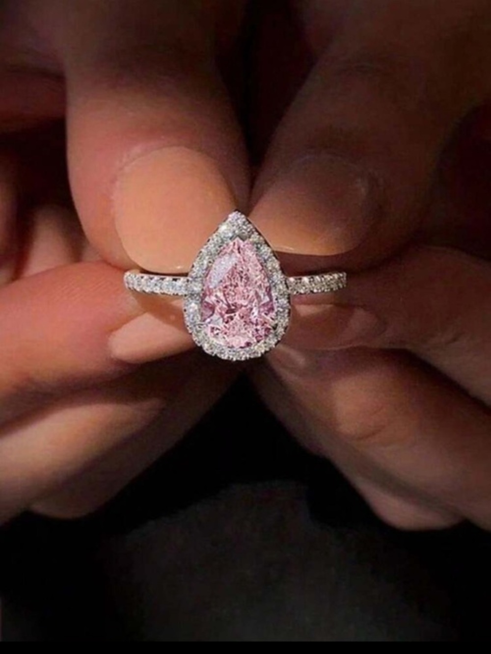 Pink silver pear shaped ring